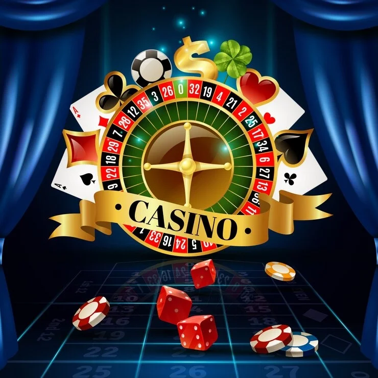a roulette wheel with cards and dice on a blue curtain